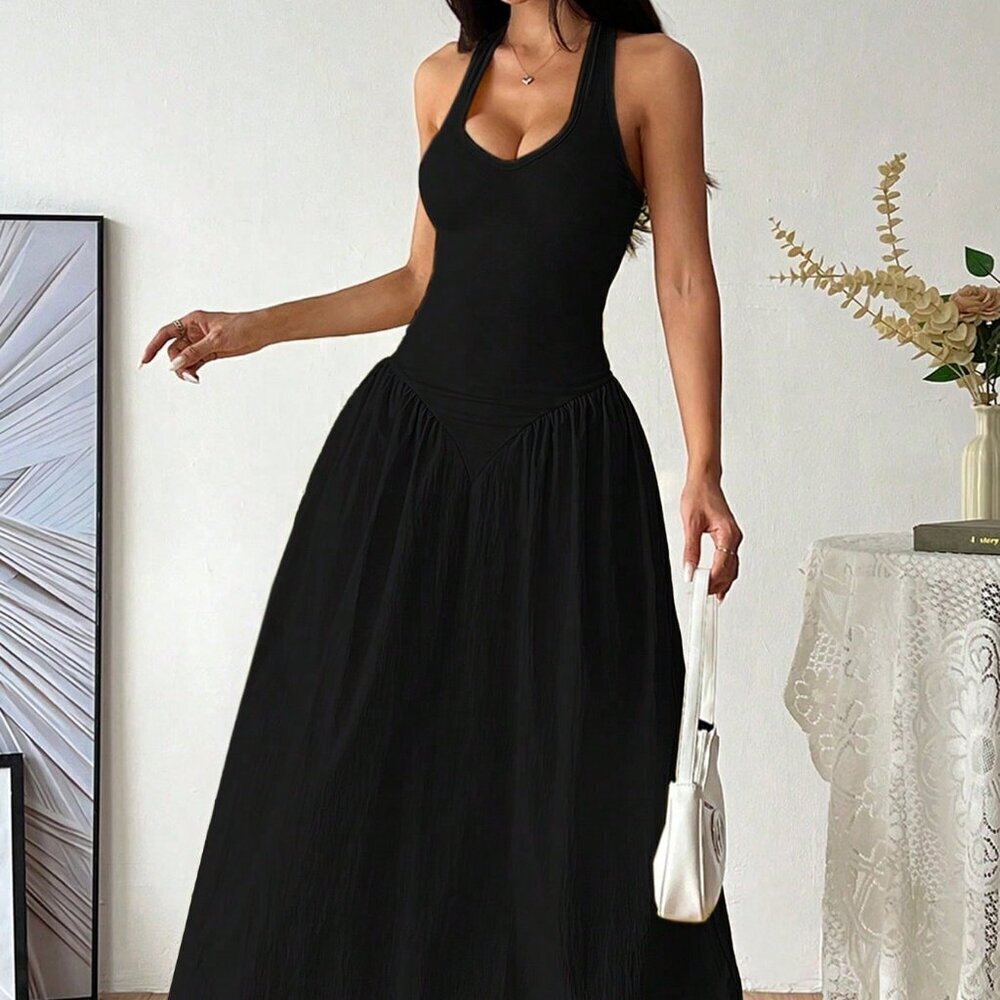 Black Women's French Deep V-Neck Sexy Halter Tie-Up Splice Ruched Waist Dress - Picture 4 of 5